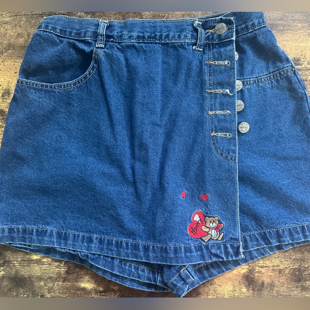 Y2K Denim Skort Shorts Skirt with Embroidered Teddy Bear and Hearts Design.  ❣️